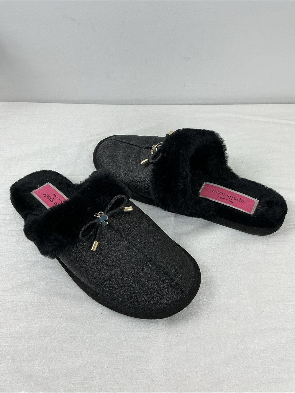 Kate Spade Slippers Black Furry Scuffs Size 8
